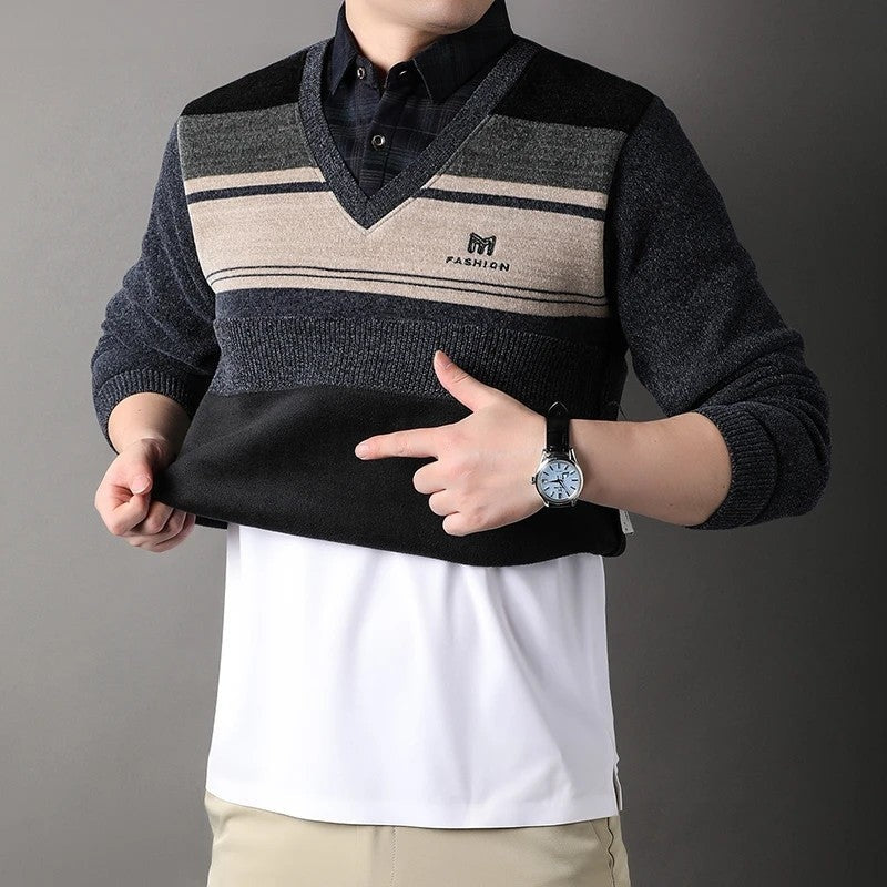 Albert Men's Striped V-Neck Knit Sweater