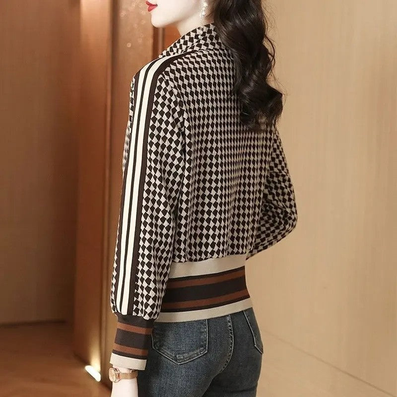 Marizia Checkered Stripe Knit Bomber Jacket