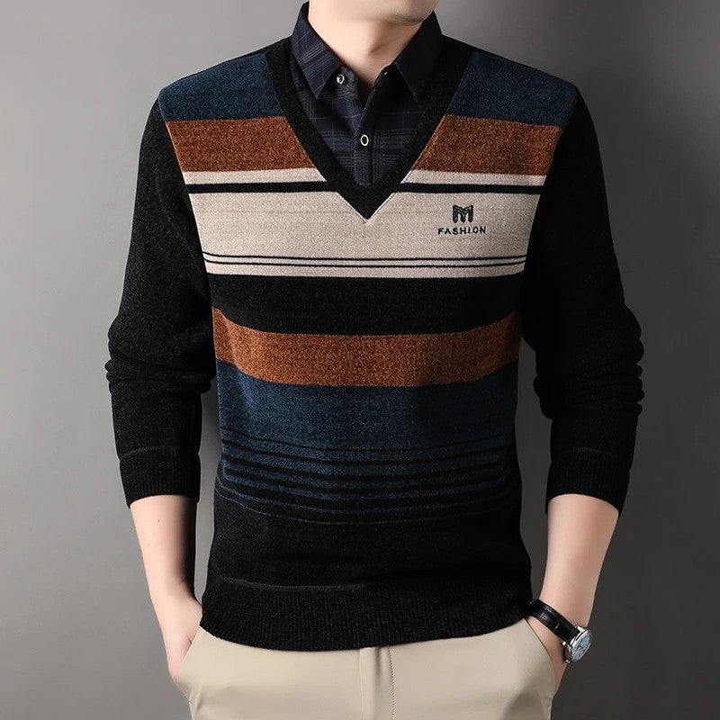 Albert Men's Striped V-Neck Knit Sweater