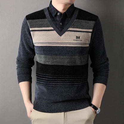 Albert Men's Striped V-Neck Knit Sweater
