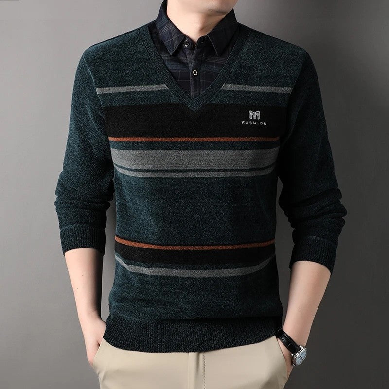 Albert Men's Striped V-Neck Knit Sweater