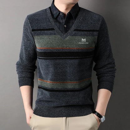 Albert Men's Striped V-Neck Knit Sweater