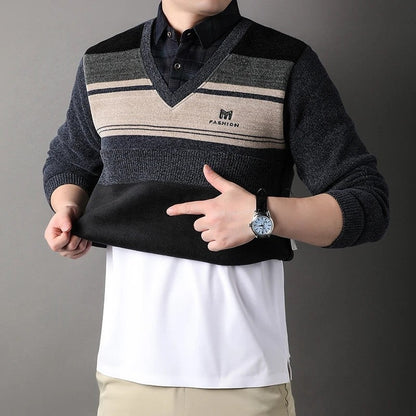 Albert Men's Striped V-Neck Knit Sweater
