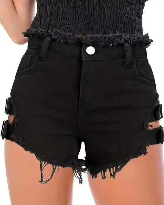 Anne Women's Distressed Buckle Strap Shorts