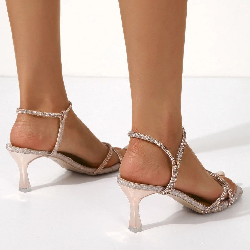 Avira Strappy Rhinestone Kitten Heel Sandals