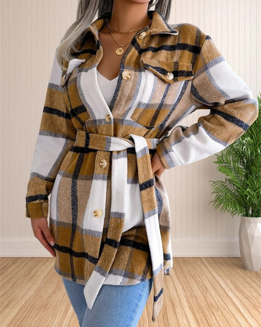 Cecile Belted Plaid Shirt Jacket