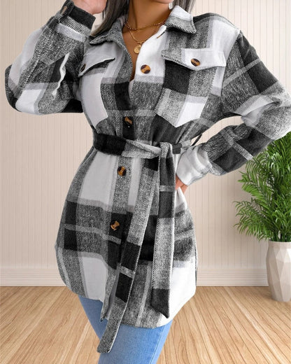 Cecile Belted Plaid Shirt Jacket