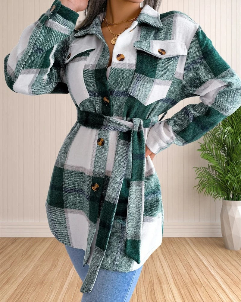 Cecile Belted Plaid Shirt Jacket