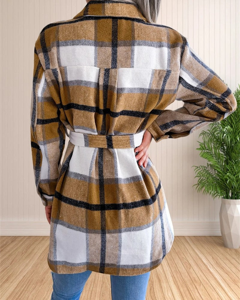 Cecile Belted Plaid Shirt Jacket