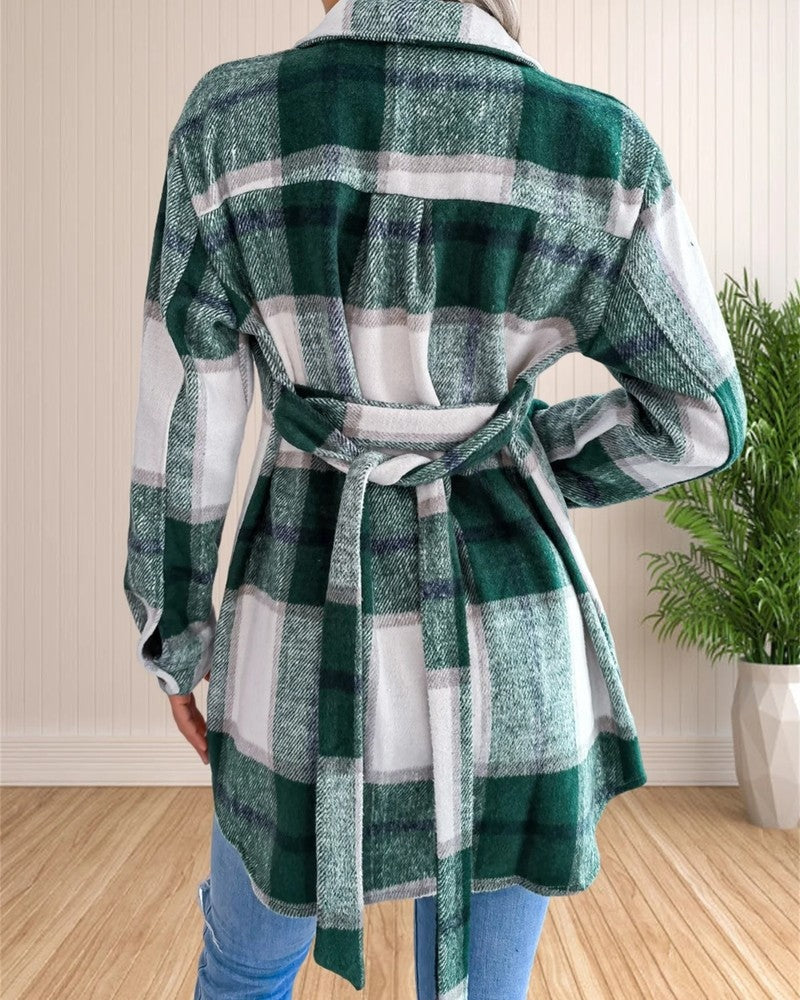 Cecile Belted Plaid Shirt Jacket