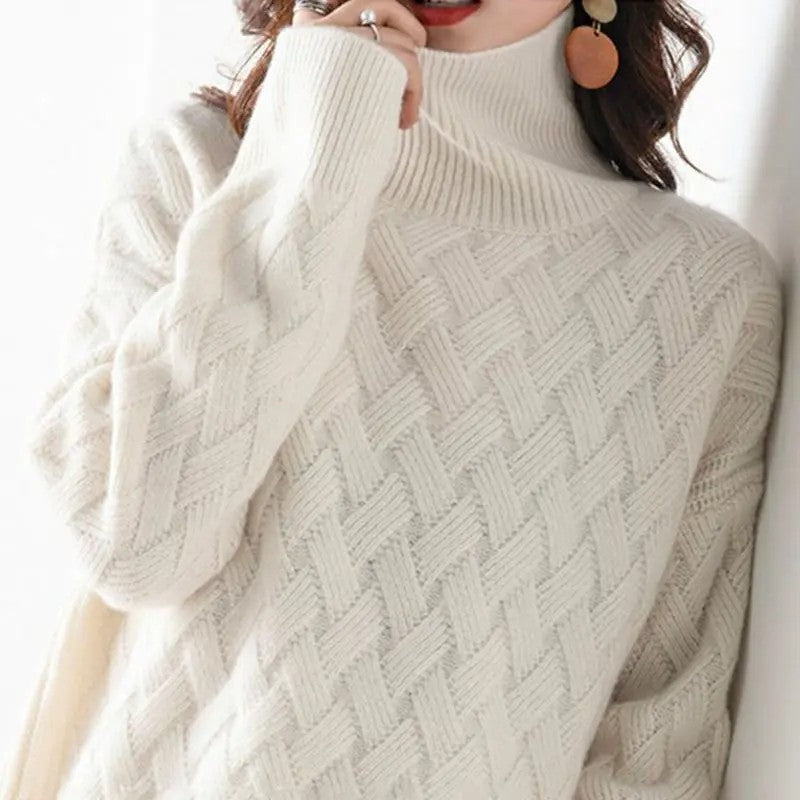 Celinne Basketweave Knit Turtleneck Sweater