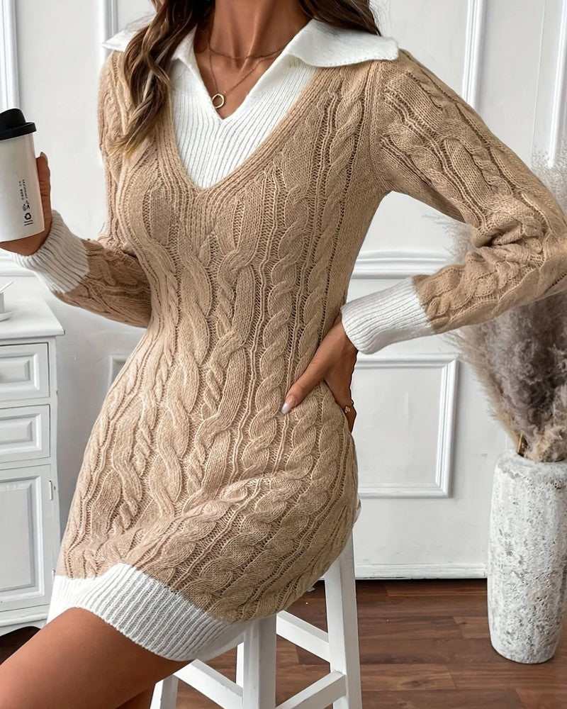 Elara Cable Knit Contrast Sweater Dress