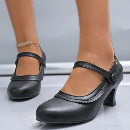 Elise Women's Scalloped Strap Mid Heel Pumps