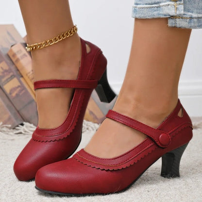 Elise Women's Scalloped Strap Mid Heel Pumps