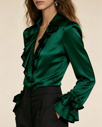 Grace Women's Satin Ruffle Trim Blouse