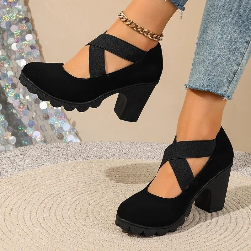 Iris Women's Chunky Elastic Strap Heel Pumps