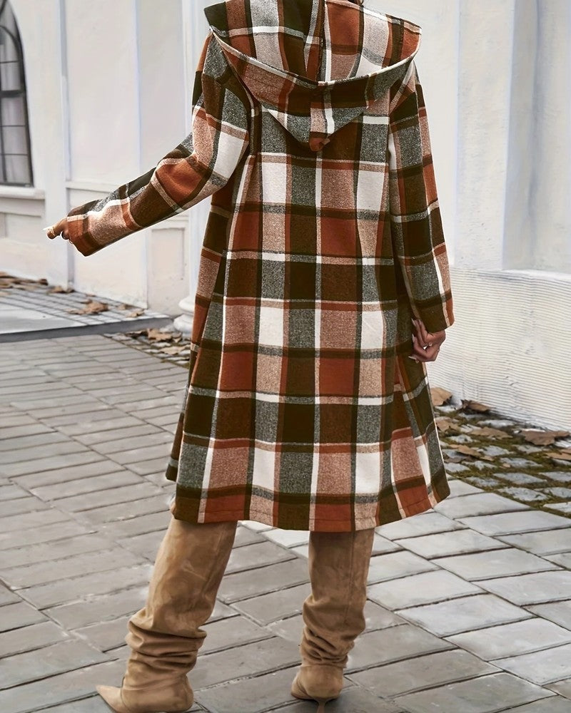 Ivelle Hooded Plaid Long Coat
