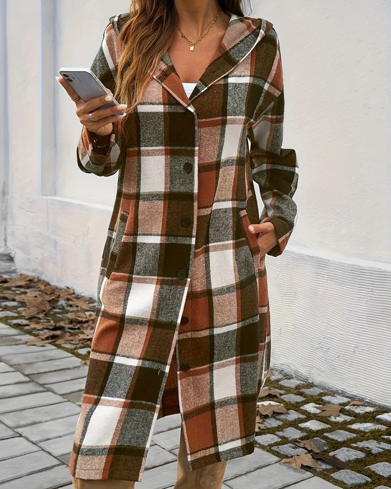 Ivelle Hooded Plaid Long Coat
