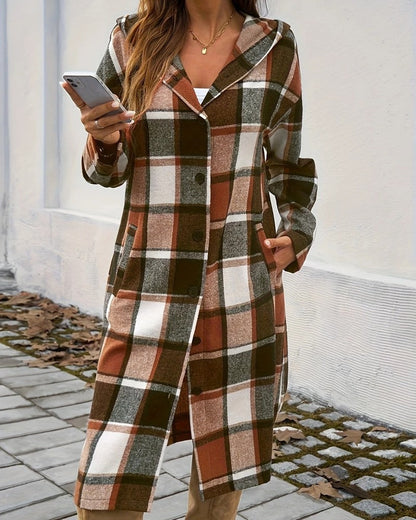 Ivelle Hooded Plaid Long Coat