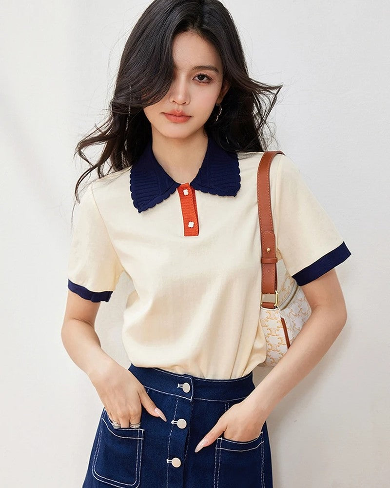 Ivy Women's Contrast Collar Knit Polo Shirt