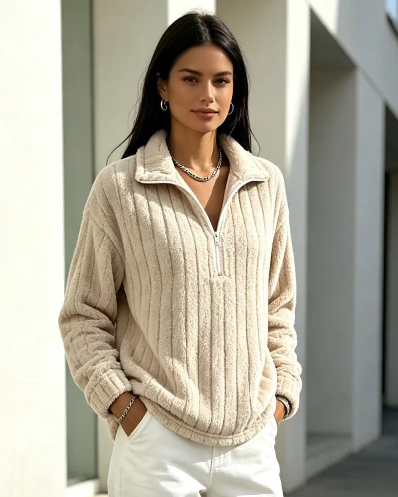 Lina Women's Fleece Ribbed Quarter-Zip Pullover