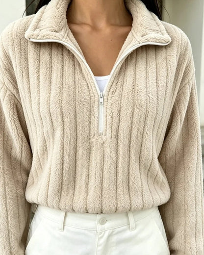Lina Women's Fleece Ribbed Quarter-Zip Pullover