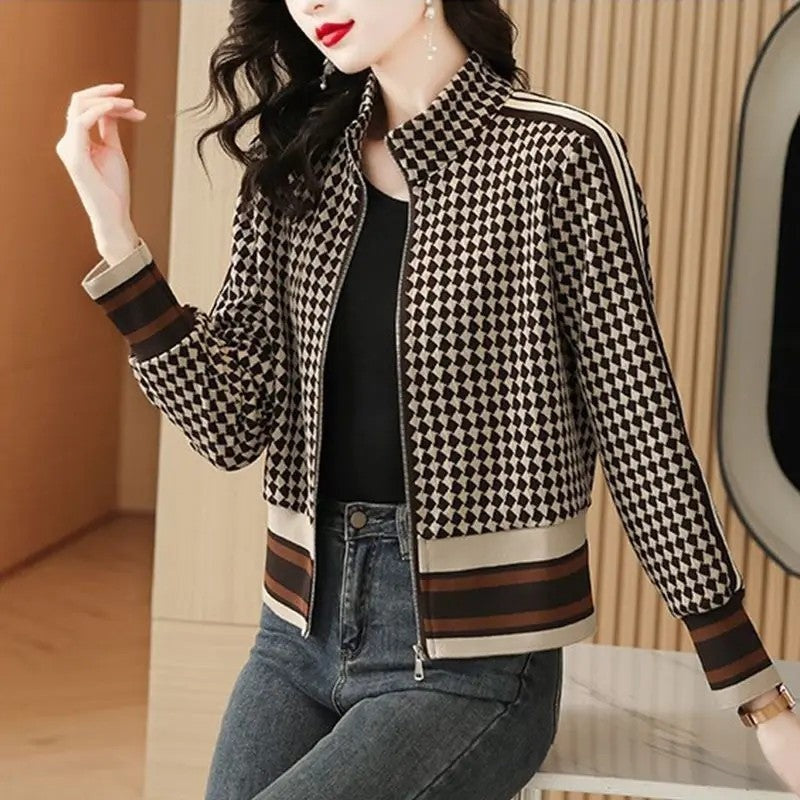 Marizia Checkered Stripe Knit Bomber Jacket