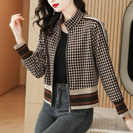 Marizia Checkered Stripe Knit Bomber Jacket