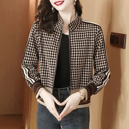 Marizia Checkered Stripe Knit Bomber Jacket