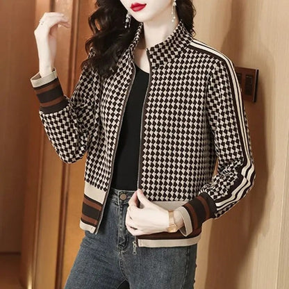 Marizia Checkered Stripe Knit Bomber Jacket