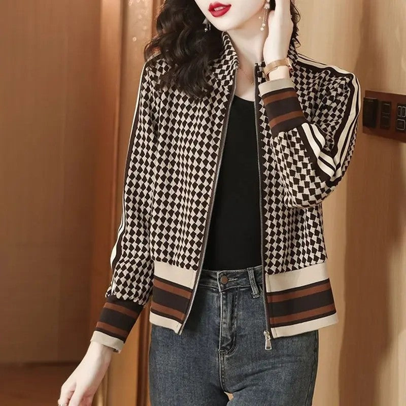Marizia Checkered Stripe Knit Bomber Jacket