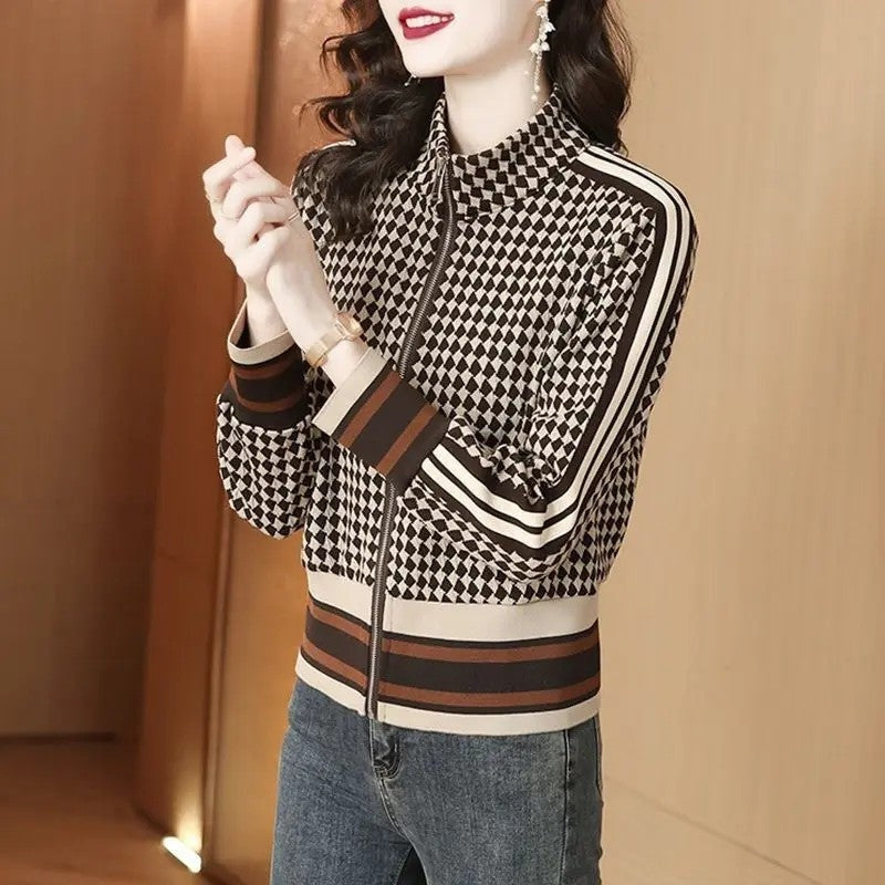 Marizia Checkered Stripe Knit Bomber Jacket