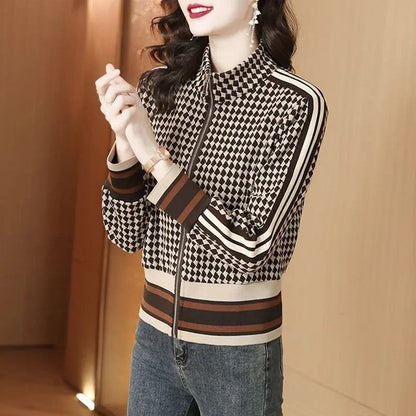 Marizia Checkered Stripe Knit Bomber Jacket