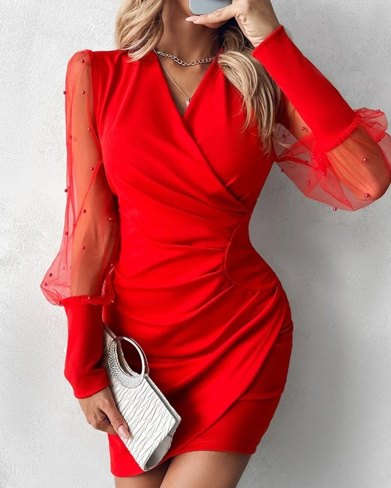 Martha Women's Sheer Sleeve Ruched Mini Dress