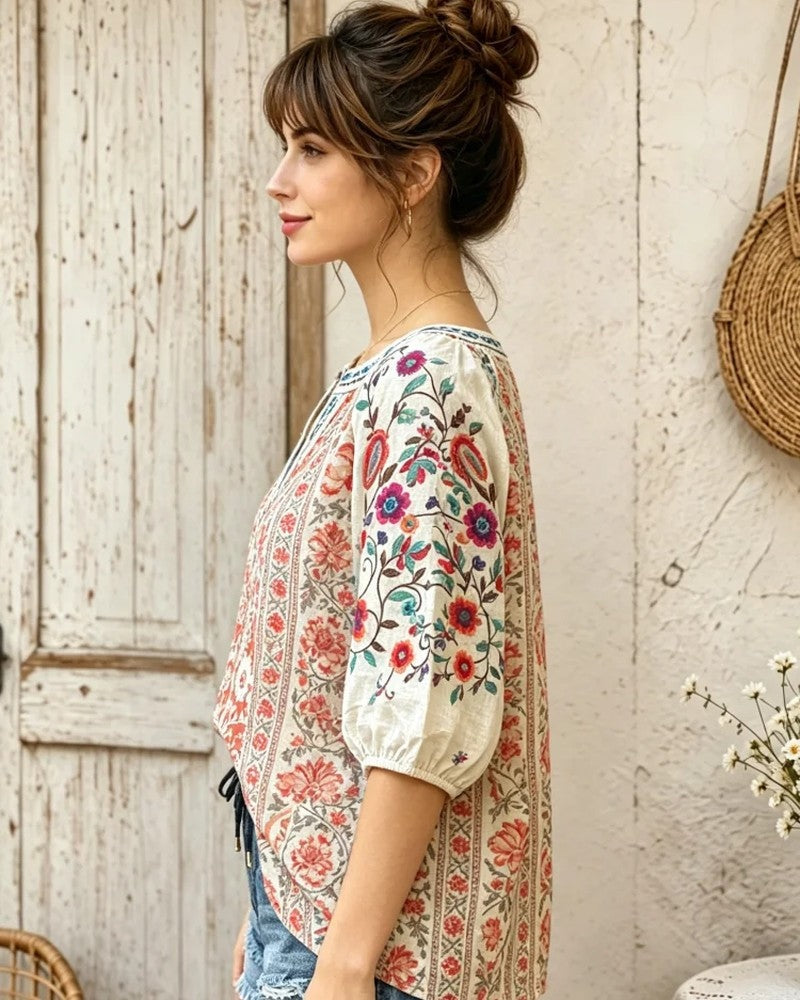 Simone Women's Boho Embroidered Peasant Blouse