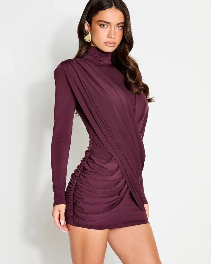 Thea Women's Draped Ruched Turtleneck Mini Dress