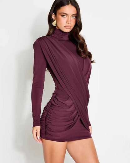 Thea Women's Draped Ruched Turtleneck Mini Dress
